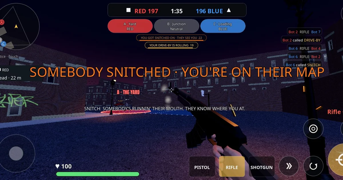 Hood Warfare gameplay screenshot: in-match HUD while a drive-by call-in rolls through
