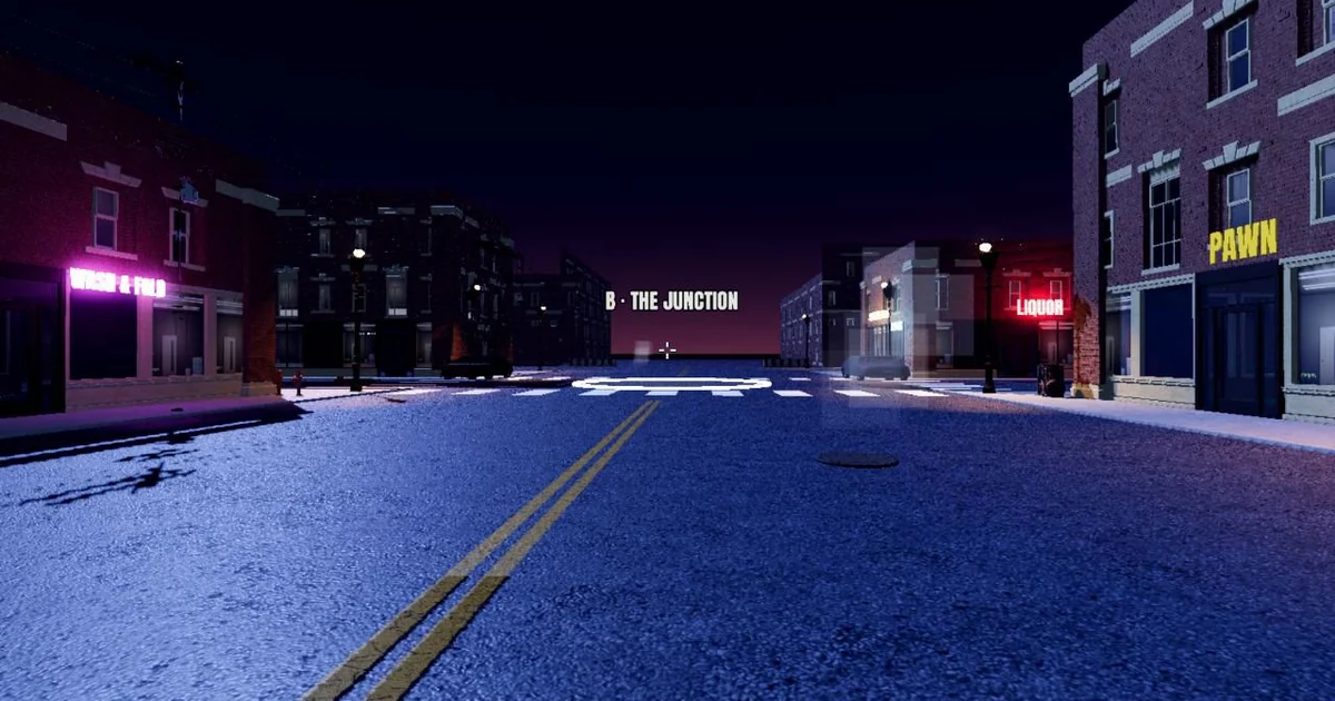 Hood Warfare street at night between the corners